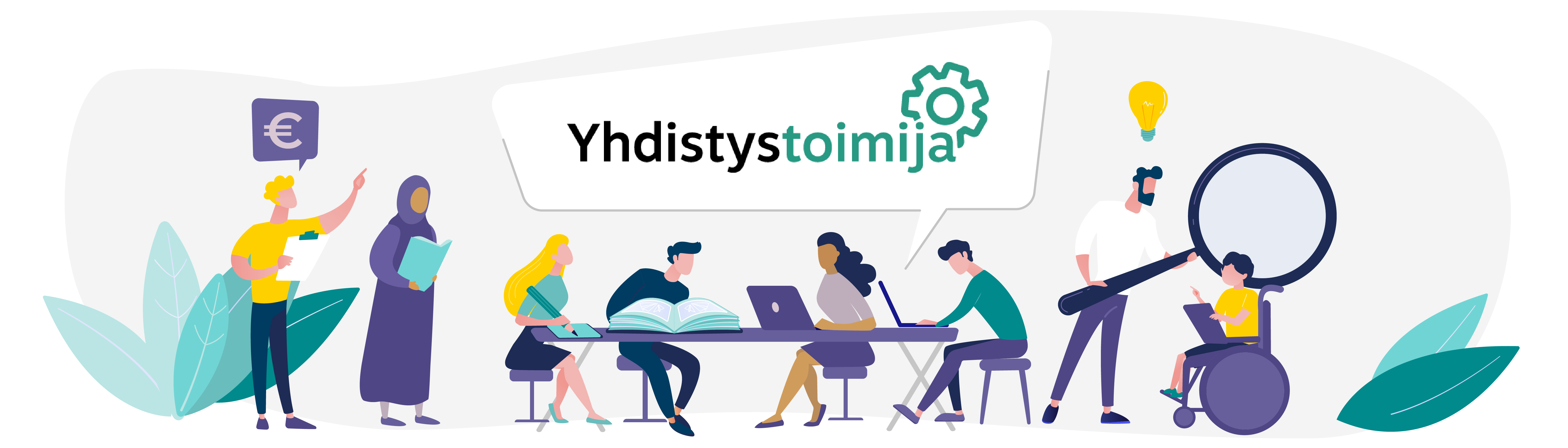 Erilaisia piirrettyjä ihmisiä keskustelemassa, katselemassa kirjoja ja tietokoneita. Yhdistystoimija-logo.